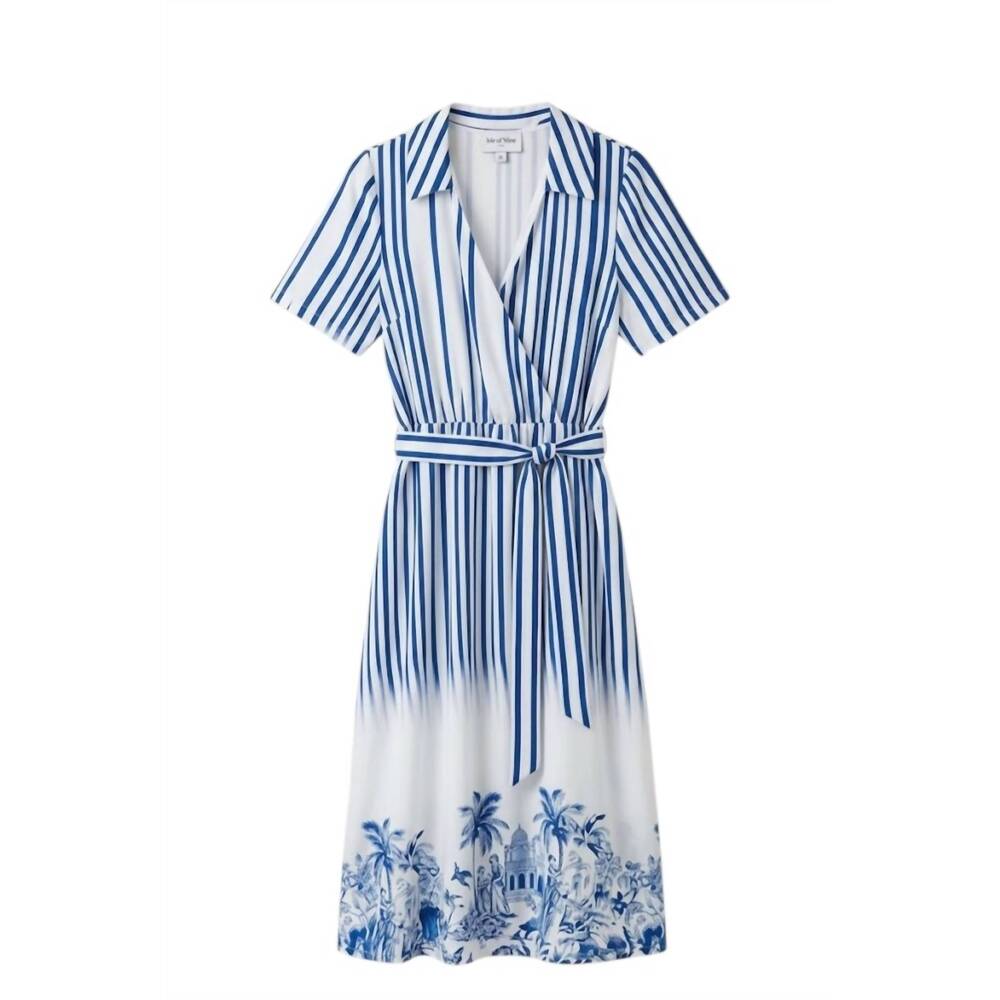 NEW LEO & UGO women's calf-length belted cotton dress in white & deep blue